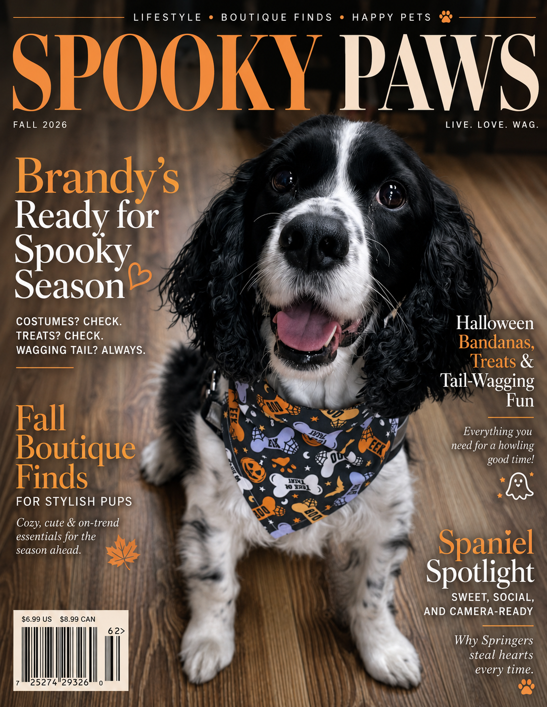 Spooky Paws magazine-style cover featuring Brandy, a black-and-white spaniel wearing a Halloween bandana with pumpkins and ghosts.